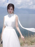 MQTIME  -  Elegant High Necked Wrinkled Shoulder Strap Dress For Women'S Summer Vacation Style, Gentle And High-End Long Skirt