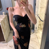 MQTIME  -  Elegant Vintage Print Floral Split Dress Summer Sleeveless Spaghetti Strap Backless Long Dress Evening Party Birthday Dresses