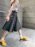 MQTIME  -  Vintage Plaid Midi Skirt Women American Retro Pleated A-line High Wasit Skirts Summer Fashion Uniform Aesthetics Clothes