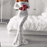 MQTIME  -  Off Shoulder Lace Fishtail Dress Party Women Elegant Long Sleeve Embroidered White Dresses Woman Evening Bride Smaid Vestidos