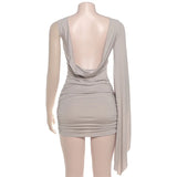 ﻿ MQTIME  -  Ruched Bodycon Mini Dress One Shoulder Slit Flare Long Sleeve Draped Backless Slim Party Clubwear Women Elegant Sexy Vestidos