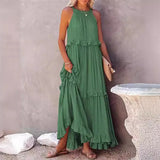 MQTIME  -  Women Boho Solid Color Dress Sleeveless Ruffled Maxi Vestidos Loose Fit Straight Hippie Dresses Layered Princess Robe