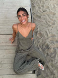MQTIME  -  Women's 2 Piece Sets Solid V-neck Backless Sleeveless Sling Top Loose Elastic Waist Wide Leg Pants Female Summer Beach Outfits