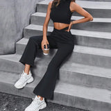 MQTIME  -  Fashion Women's Simple Slim Sports Hollow Out Waist Flared Pant Female Clothes Temperament Commuting Women Casual Trousers YSQ44