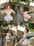 MQTIME  -  Coquette Sweet Kawaii Peter Pan Collar Apron Dress Set Women Lace Bow Ruffle Hem Ruched Waist Slim Fit Mini Dress Casual Outfit