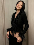  MQTIME  -  Streetwear Women Fur Patchwork Cardigan Harajuku Vintage Slim Fit Sexy Grunge Tops Autumn Y2k Aesthetic Cropped Black Sweaters