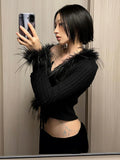  MQTIME  -  Streetwear Women Fur Patchwork Cardigan Harajuku Vintage Slim Fit Sexy Grunge Tops Autumn Y2k Aesthetic Cropped Black Sweaters