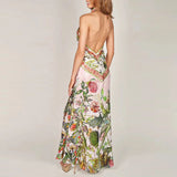 MQTIME  -  Sexy Hollow Out Sleeveless Evening Dress Elegant Backless Women Suspender Dress French Style Floral Printed Deep V Halter Dress
