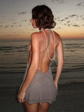 MQTIME  -  ﻿ Sexy Sheer Mesh Backless Short Dress Women Deep-V Sleeveless Lace Up Sequin Pleated Dresses Summer Chic Beach Party Club Wear