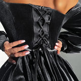MQTIME  -  Sexy Velvet Strapless Short Party Dress Women Off Shoulder Long Sleeve Bandage Dresses 2025 Autumn New Lady Christmas Vestidos
