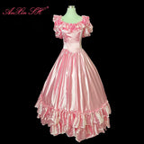 MQTIME  -  vintage pink rose flower princess o neck puff sleeve big bow ruffles party lace up bride Antique evening dress