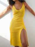 MQTIME  -  Summer Women's Clothing Plus Size Dresses V Neck Sleeveless Long Slit Knit Dress For Woman Polyester Casual Comfort Maxi