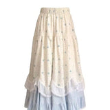 MQTIME  -   Ancient mixed skirt women's French sweet ins wind lace splicing floral elastic waist ruffle edge A-shaped long dress