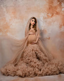 MQTIME  -  Luxury Nude Tulle Maternity Dress Photoshoot Mermaid Voluminous Ruffle Train Maternity Photoshoot Baby Shower Dresses with Shawl