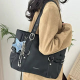 MQTIME  -   Retro Hot Girl Handbag Women PU Leather Large Capacity Black Tote Bag Ladies Fashion Sweet Star Versatile Shoulder Bag New