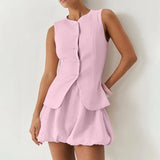 MQTIME  -  Two Pieces Set Women's Vest Skort Suits Sleeveless Button-front Top Ruffled Loose Shorts Summer Office Casual Daily Outfit