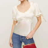 MQTIME  -  Women Summer Elegant Satin Silk Tops Lace Patchwork Adjustable Ribbon Tied Short Puff Sleeves Sweatheart Neck Blouse