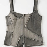 MQTIME  -  Y2k American Raw-edge Denim Vest Crop Top Women Design Zipper Waist Slimming Sexy Hot Girl Spaghetti-strap Top Suspender Top