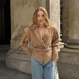 MQTIME  -  Fashion Suede Belt Suits Jacket for Women Shoulder Pad Turn-down Collar Button Short Coats Long Sleeve Autumn Motorcycle Outwear