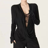 MQTIME  -  New Hot Sale Of The Season Lace Insertion Cross Neck Design Sensual Early Autumn Top Fake Two-Piece Splice Strategy Women's T-sh