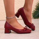 MQTIME  -  Elegant Ballet Wine Red Bowknot Medium Heel Pumps Women Summer Classic Square Toe Thick Heel Pumps Women Black Office Shoes