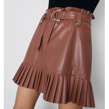 MQTIME  -  Solid Color Fringed Short Skirt with Belt Women Fashion Small Pleated Faux Leather Skirt Women Elegant Mini Skirt PU Half Skirts