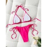 MQTIME  -  Women's 2Piece Swimsuits Lace-up Halter Neck Ruffled 3D Mesh Flower Backless Bra and Side Tie Up Thong Bathing Suits