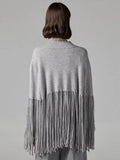 MQTIME  -  Fringe Hem High Mock Neck Women Poncho Loose Batwing Sleeve Relaxed Oversize Sweater Straight Fringe Hem Top City Street Wear