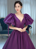 MQTIME  -   Sexy Purple Puff Sleeve Prom Party Dress Women Dark V Neck Satin Long Evening Dress Vestidos De Fiesta