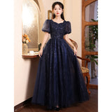 MQTIME  -  Luxury Sequin Blue Evening Dress for Women Annual Conference Hosting Ball Gown Puff Sleeve Sqare Collar Banquet Princess Dresses