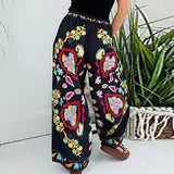 MQTIME  -  2024 Retro Elegant Women Printed Long Pants Fashion Pockets Temperament Pant All Match Mid Waist Drawstring Wide Leg Trousers