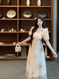 MQTIME  -  Summer French Design Elegant Sundress Women  Sleeves Floral Midi Dress Beach Style Casual Fashion Party Dress Korean