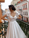 MQTIME  -  A-Line Puff Sleeves Backless Wedding Dress Beach Country Soft Satin Ankle Length  Bride Gown Robe De Mariée Split Wedding Gown