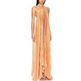 MQTIME  -  Sexy Halter Lace-up Backless Evening Dress Womens Spring Solid Rib Pleated Long Dress Summer Sleeveless Hollow Boho Maxi Dresses
