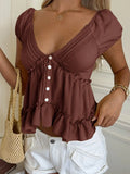 MQTIME  -  Women Summer Vacation Cute Elegant Yellow Frill Ruffle Trim Single Breasted Shirt Blouse Top Ladies Beach Holiday Daily Wear