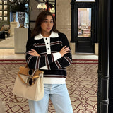  MQTIME  -  Women Fashion Striped Print Knitted Sweaters 2026 Star Same Style Long Sleeve Female Pullovers Elegant Chic Knitwear Top