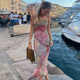 MQTIME  -  Patchwork Multi Print Cowl Neck Women's Dresses Thin Strap Bodycon Skirt Flared Hem Bodycon Skirt Full Length New Fashion