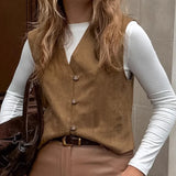  MQTIME  -  Suede Matte V-neck Women's Vest Solid Button Closure Sleeveless Slim Fit Female Vest Fashion Elegant Autumn Waistcoat For Ladies