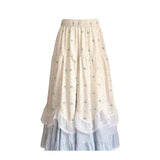 MQTIME  -   Ancient mixed skirt women's French sweet ins wind lace splicing floral elastic waist ruffle edge A-shaped long dress