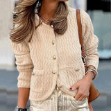 MQTIME  -  Elegant Pocket Office Cardigan Fall Lady O Neck Single Breasted Slim Sweaters Casual Jacquard Solid Color Long Sleeved Sweaters