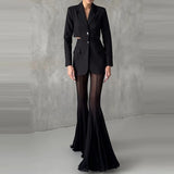 MQTIME  -  Women's Casual Patchwork Pleated Flared Pants Perspective Mesh Slim Trousers New Summer Elastic High Waist Club Long Pants