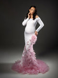 MQTIME  -  Romantic Pink Petals Maternity Dress Photoshoot Off Shoulder White Pregnancy Dress
