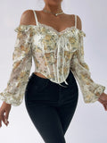 MQTIME  -  Floral Print Lace Trim Cold Shoulder Corset Top with Long Sleeves - Stylish Clubwear for Women s Street Style Fashion