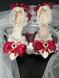 MQTIME  -  pointed toe heel white red y2k high heel Lolita wedding shoes bridal heel bow pearl Y2k boots heel lace stiletto heels