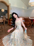 MQTIME  -  Summer Floral Printed Long Dress Women Patchwork Lace Chiffon Fairy Dress Casual Gold Stamping Bow Tie Suspender Dress