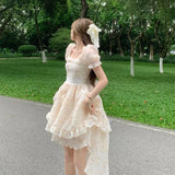 MQTIME  -  French Floral Summer Dress Women's Sweet Waist Cinching Butterfly Knot Puffy Skirt Short Sleeve Mini Dress from Mainland China