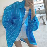 MQTIME  -  K-pop Style Female Shirts Summer New Blue Striped Sun Protection Blouse for Women Thin Loose Boyfriend Lazy Style Medium Blusas