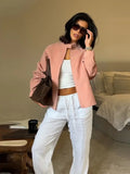 MQTIME  -  Pink Stand Collar Suede Bomber Jacket Women's Long Sleeve Pocket Zipper Coats 2025 Autumn New Lady Casual Motorcycle Outerwear