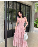 MQTIME  -  New French Sweet Pink Ruffles Beach Holiday Sleeveless Dress Women O-neck Slim Print Midi Tank Cake Long Dress Vestidos