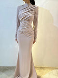  MQTIME  -  Women Ruched Maxi Dress Elegant Irregular Button Half High Collar Simple Evening Birthday Party Stretch Slim Bodycon